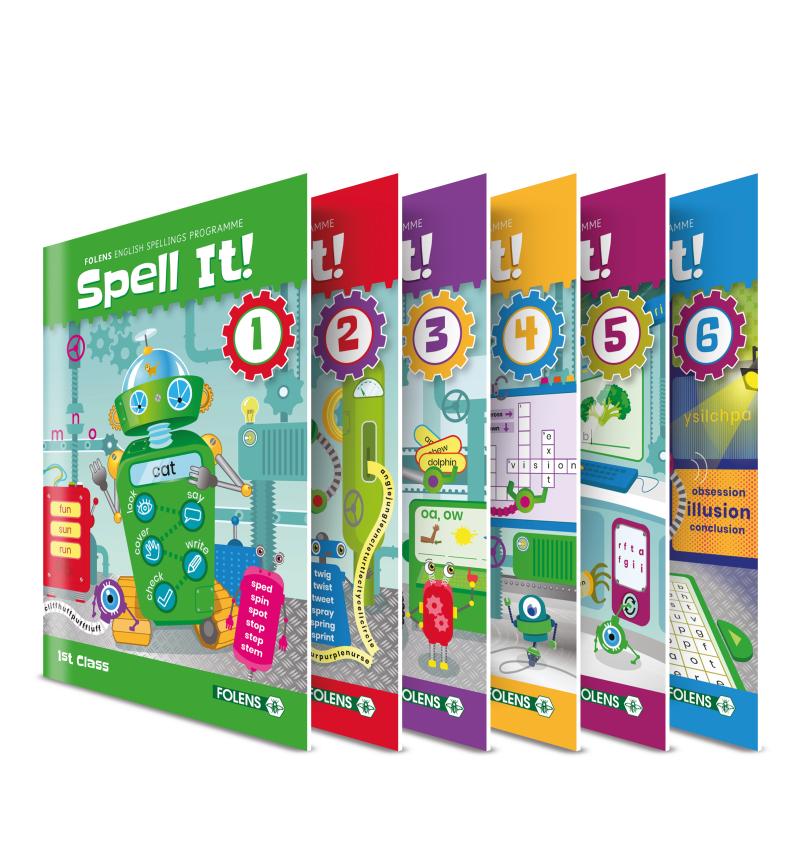 Spell It,  Spellings school books from Folens for 1st class, 2nd class, 3rd class, 4th class, 5th class, 6th class. 